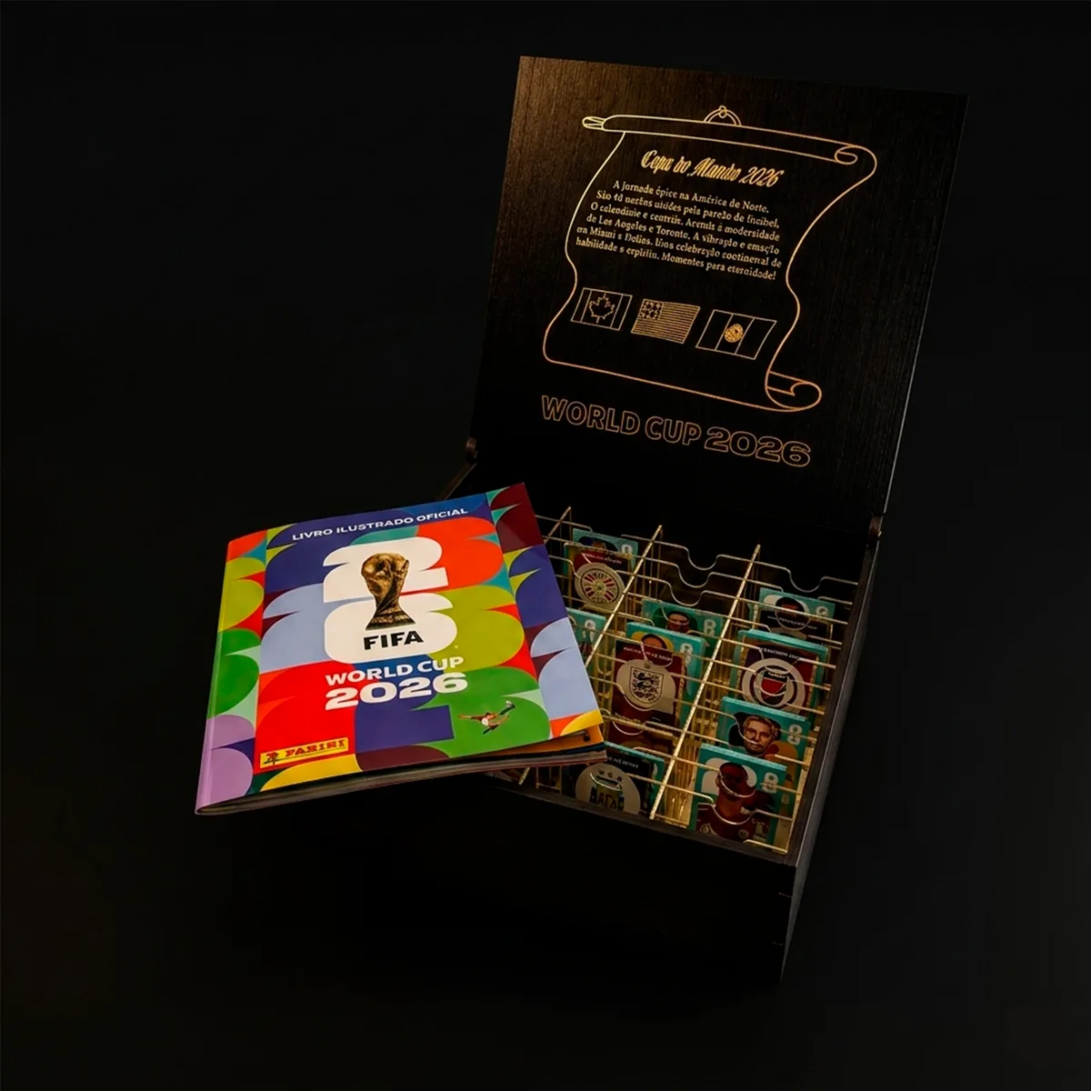 Kit aberto mostrando porta-figurinhas e gravação
